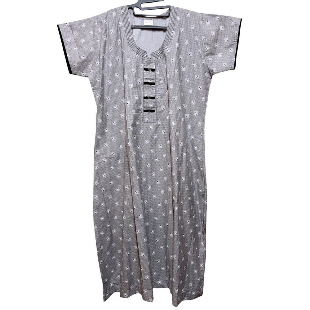 Rose Petals XXL Gray Geometric Print Cotton Nightgown House Dress with Pockets